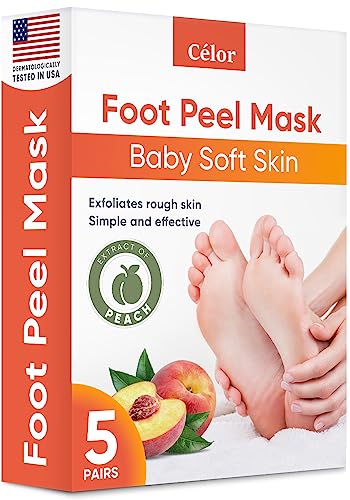 Foot Peel Mask (5 Pairs) - Foot Mask for Baby Soft Skin - Remove Dead Skin, Dry, Cracked Feet & Callus, Foot Spa, Made with Aloe Vera Extract for Women and Men Feet Peeling Mask Exfoliating, Peach - Peach - 5 Pair (Pack of 1)