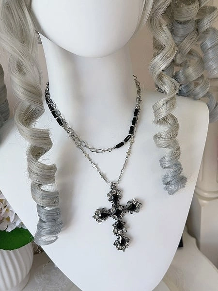 [$14.99]4 Colors Rhinestoned Cross Pendant Gothic Necklace