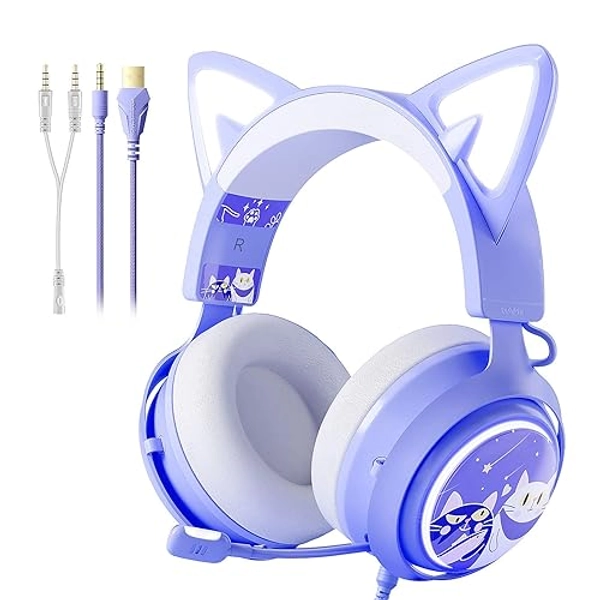 SOMIC Cat Headphones, Purple Gaming Headset 3.5 Cat Ear Headphones with Retractable Mic Noise Cancelling, Stereo Sound, Kitty Headphones for PC, Laptop, PS4/5, Xbox One(Only White LED Light)