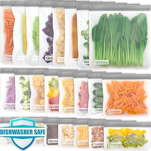 Qinline Reusable Food Storage Bags - 24 Pack Freezer Bags, BPA Free Reusable Bags Silicone, Extra Thick Leakproof Reusable Lunch Bag for Salad Fruit Meats Travel - 8 Gallon 8 Sandwich 8 Snack Bags
