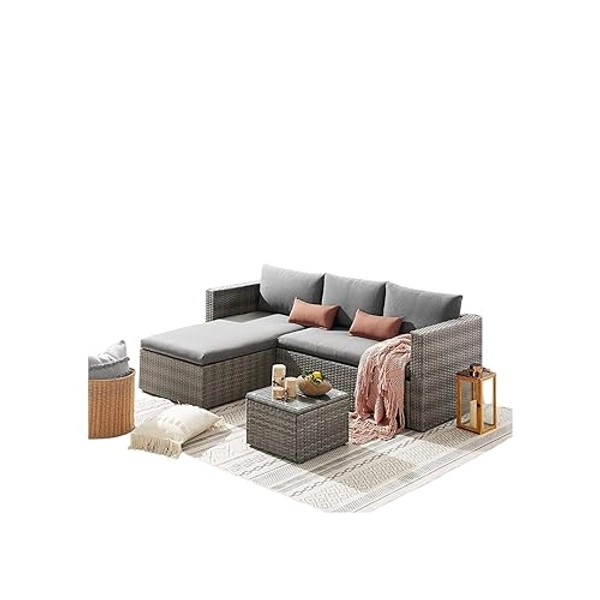 EVRE Malibu Rattan 3 Pc Garden Furniture Set and Coffee Table with Glass 3 Seater Sofa Patio Conservatory Indoor & Outdoor with Cushions (Grey)