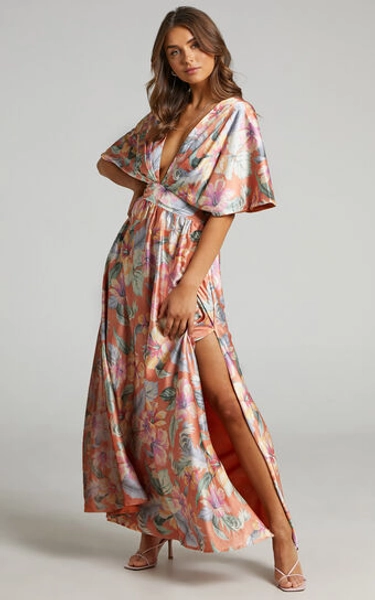 Sophia Maxi Dress - Plunge Neck Bat Wing Sleeve Dress in Multi Floral