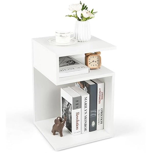 GOFLAME S-Shaped End Table, Sofa Side Table with 2 Open Compartments, Modern Nightstand, Accent Bedside Table for Living Room, Bedroom, Study, Small Space, White