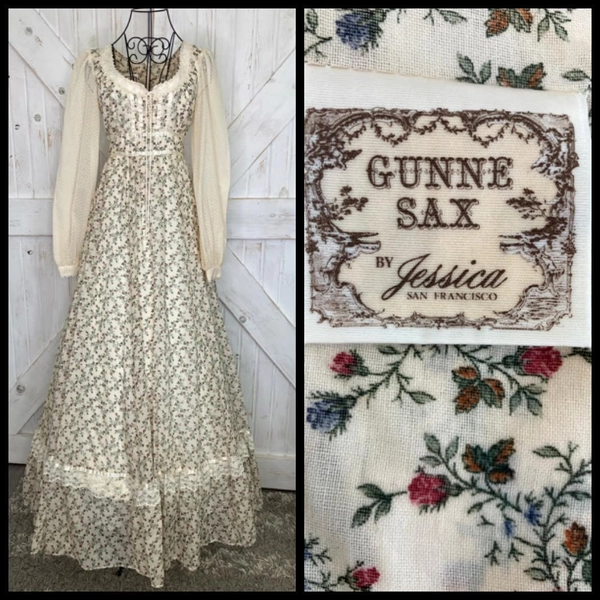 70's Vintage Gunne Sax Ivory Red Blue Green Rose Vine Calico Corset Prairie Maxi Dress