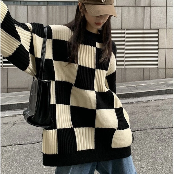 'Mono' Black Balloon Sleeve Checkerboard Sweater