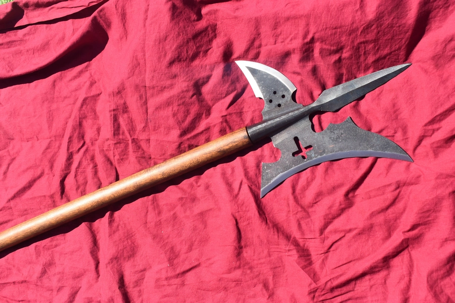 18th Century Medieval hand Forged Halberd With One Side Blade and Curved Spike on the other side. With Wooden Handle.