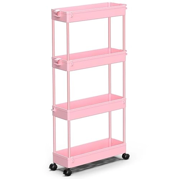 SPACEKEEPER Slim Rolling Storage Cart 4 Tier Bathroom Organizer Utility Cart Mobile Shelving Unit Tower Rack for Kitchen, Laundry Room, Bathroom, Narrow Places, Pink