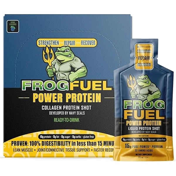 Frog Fuel Power Regular Protein Shot, 15g Protein Nano-Hydrolyzed Grass Fed Collagen, Post Workout, Gluten Free, Fat & Sugar Free, 22 Amino Acids, 0 Carbs, Berry, 1 oz Packets, 24 Pack