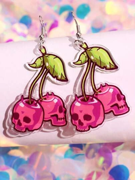 1 Pair Cute Creative Funny Pink Cherry, Horror Ghost, Skull Acrylic Earrings For Halloween, Holiday Gift