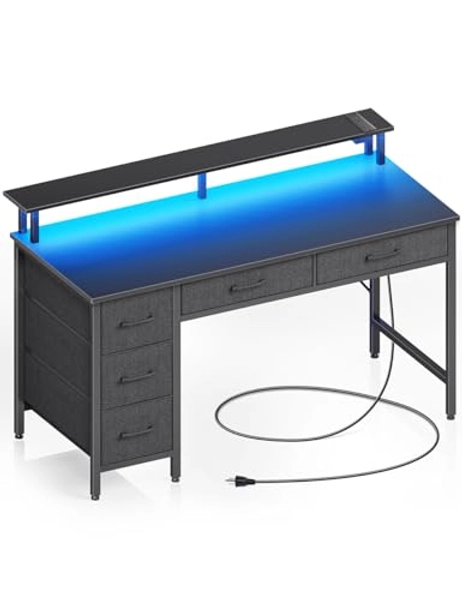 Seventable Computer Desk with Power Outlets & LED Light, 55 inch Home Office Desk with 5 Drawers, Writing Desk with Monitor Stand, Work Desk for Home Office, Black
