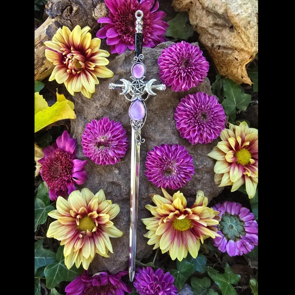 Purple Triple Moon Hair Dagger, Witch Sword Hair Stick, Hecate Hair Stick, Witch Hair Stick, Gothic Hair Stick, Witch Hair Accessory,