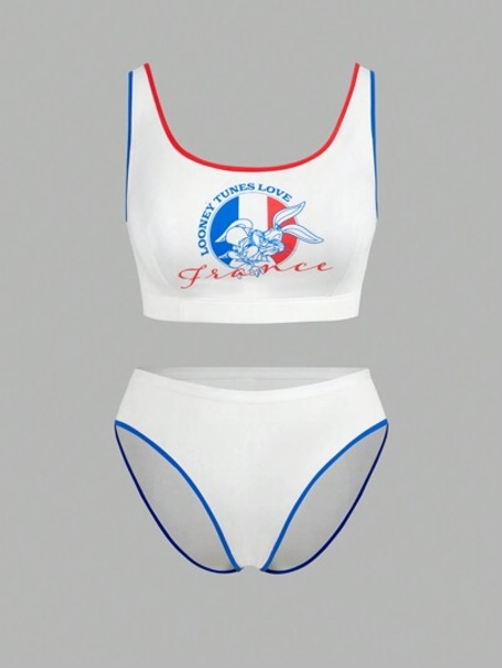 LOONEY TUNES X SHEIN Plus Size Comfy White Cartoon Print Bra & Panty Set