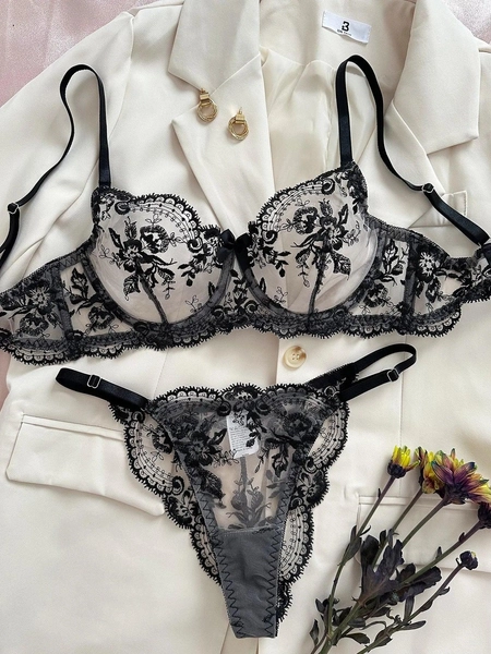 Luxe Floral Allure Sheer Elegance Lingerie Set