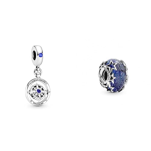 Pandora Charm Anhänger "Kompass" Silber, Kristall blau 790099C01 - Bundle mit Charm Murano-Glas Moments "Sterne"