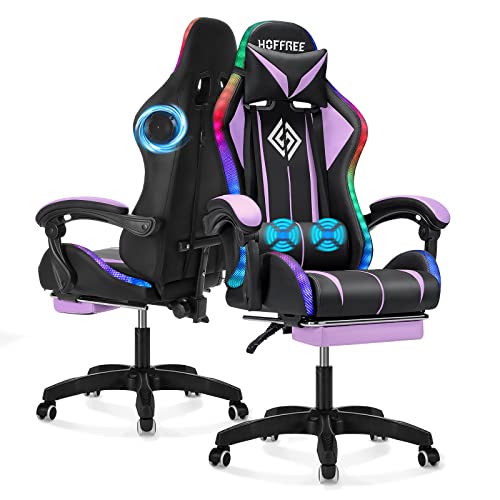 Gaming Chair with Bluetooth Speakers and LED RGB Lights Ergonomic Massage Computer Gaming Chair with Footrest High Back Music Video Game Chair with Lumbar Support Purple and Black - purple+black