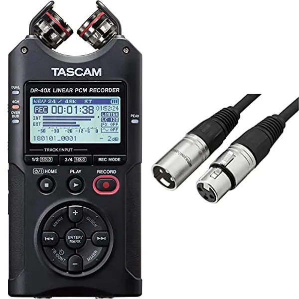 Tascam DR-40X Four-Track Digital Audio Recorder and USB Audio Interface, Black & AmazonBasics XLR Male to Female Microphone Cable - 25 Feet, Black
