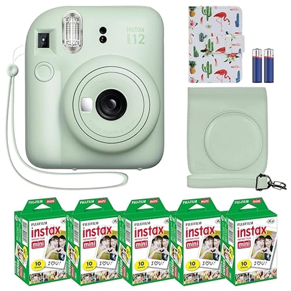 Fujifilm Instax Mini 12 Instant Camera + MiniMate Accessory Bundle & Compatible Custom Case + Fuji Instax Film Value Pack (50 Sheets) Flamingo Designer Photo Album (Mint Green)
