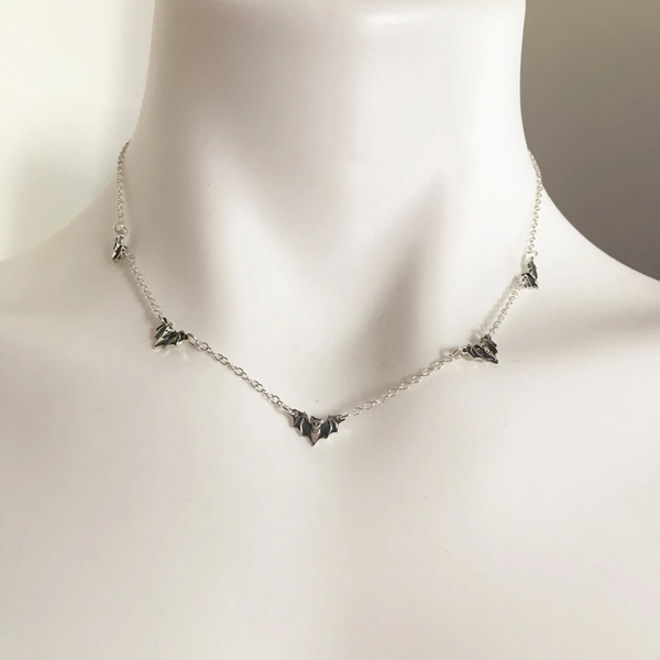 5 Bat Necklace, Sterling Silver, Small Bat Charms, Oxidized Silver, Gift For Her, Spooky Necklace, Halloween Jewelry, Small Delicate, Micro
