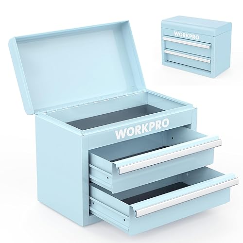 WORKPRO Mini Metal Tool Box with 2 Drawers and Top Storage, Small Tool Chest with PVC Liners and PP Feet Pads, Cold Rolled Steel Toolbox with Magnetic Tab - Macaron Blue