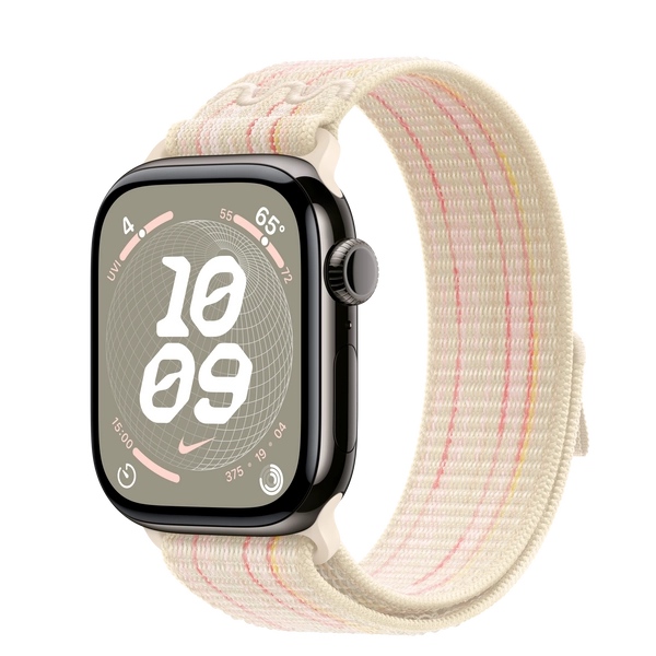 Apple Watch Series 10 GPS + Cellular, 42mm Slate Titanium Case with Starlight/Pink Nike Sport Loop