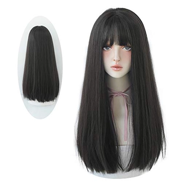 HUAISU Long Black Straight Wig for Women Natural Synthetic Wig with Bangs Cosplay Wigs (Black tea, 22inch)