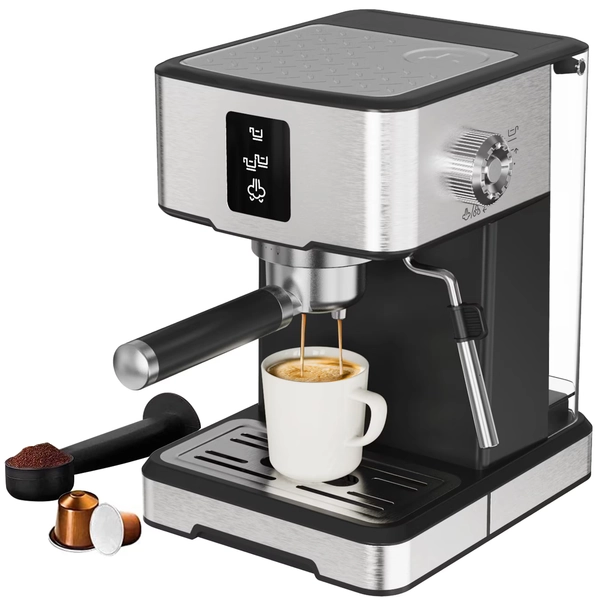 Espressor manual deluxe, Sistem 3 in 1 (capsule, cafea macinata, si Pad cafea), Programare automata, 20bar, Incalzire rapida, Bagheta de aburi multifunctionala, Mod sigur de economisire a energiei, 1,5L, 1400W, Argintiu