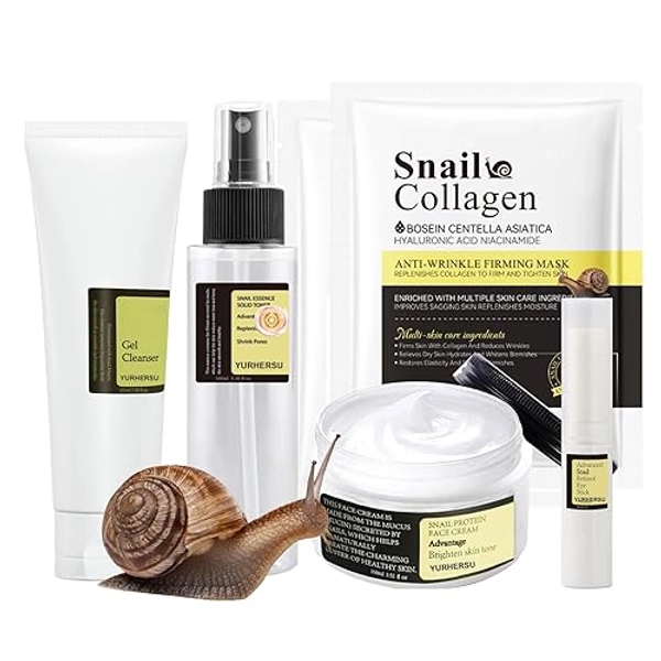 Snail Mucin Gesichtspflege Set, Skincare Set mit Snail mucin Power Essence, Schneckenschleim Creme, Fester Toner, Schnecke Retinol Augenstift, Collagen Maske, Hautpflege Set für Mädchen und Frauen