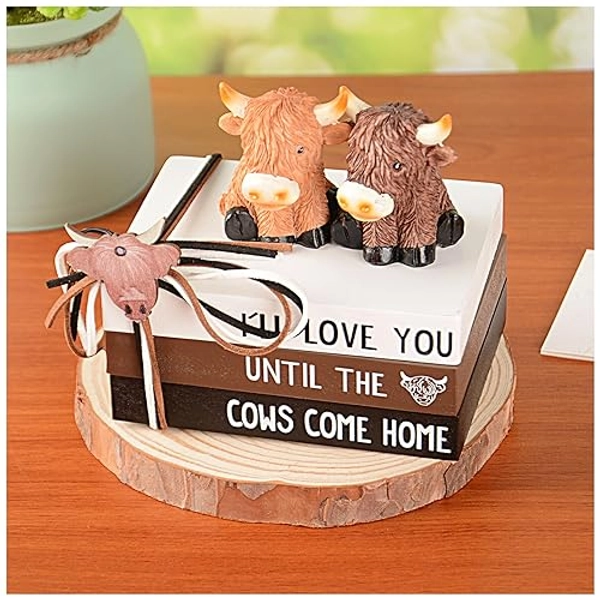 6PCS Highland Cow Decor,Mini Wood Book Stacks Table Decorations Cow Home Decor Farmhouse Western Decor Highland Cow Tiered Tray Decor Table Centerpiece for Party Kitchen Room Mantle Fireplace Shelf