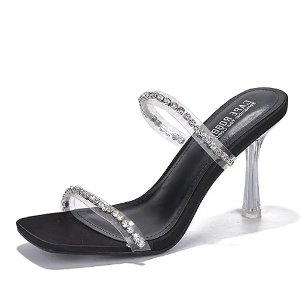 Cape Robbin Jayana Sexy Stiletto High Heels for Women, Transparent Square Open Toe Shoes Heels - Black Size 8.5