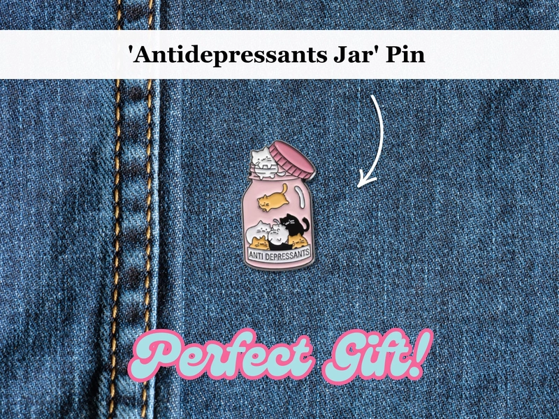 Cute Cats Antidepressants Jar Funny Enamel Pin | Cat Lover Small Gift | Mental Health Ironic, Sarcastic Pin Badge, Brooch | Button Pin
