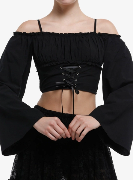 Cosmic Aura Black Lace-Up Cold Shoulder Girls Crop Top - M