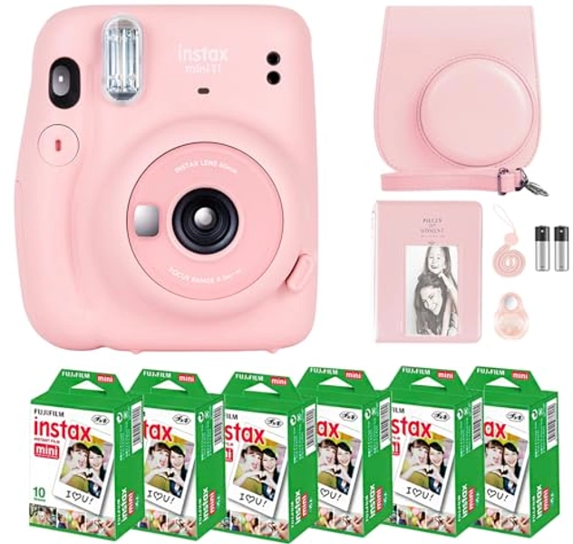 Fujifilm Instax Mini 11 Camera with Fujifilm Instant Mini Film (60 Sheets) Bundle with Deals Number One Accessories Including Carrying Case, Selfie Lens, Photo Album, Stickers (Blush Pink)