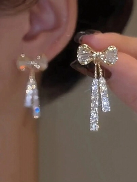 1pair Shiny Bowknot Shaped Crystal Dangle Earrings With Tassel For Women, Gift Valentines