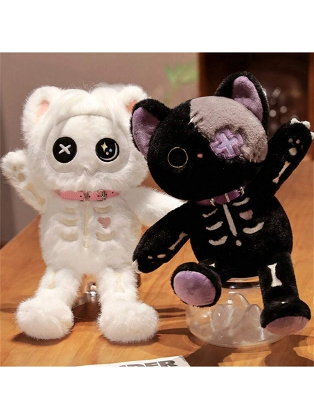1 st. 39 cm/15,35 inch schedelkat pluche pop, zachte gevulde kattenpop horror schedel pluche pop, creatief Halloween cadeau voor kattenliefhebbers Halloween decoratie