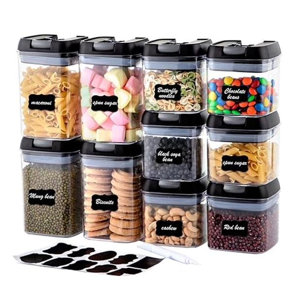U-QE Airtight Food Storage Container Set-10 Piece BPA Free Clear Plastic Cereal Canisters with Easy Lock Lids-Kitchen & Pantry Organization Containers for Sugar, Flour, Cereal, Labels & Marker(Black)