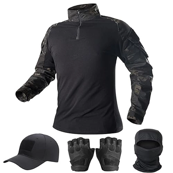 SANYETS Mens Tactical Camo Shirt,Long Sleeve Combat Shirt,Cap Gloves Balaclava and 1/4 Zip Military Top Airsoft Gear