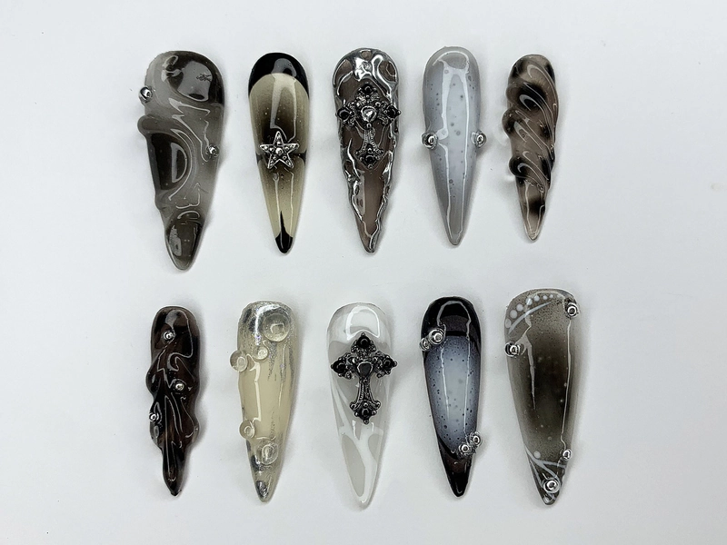 Cool Gothic Press On Nails | Luxury Black Silver Jeweled Nail charms | Luxurious Chrome and Holiday Nail Art |Long Stiletto Nail Set|JC451AH