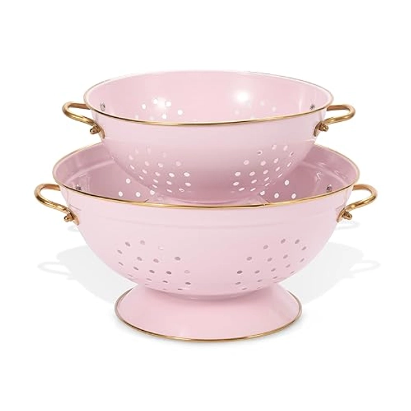 Metal Colander Set of 2, Strainer Basket with Handles 3.5 & 5 Qt Powder Coated Self-draining Solid Ring Base Metal Large Kitchen Colander Bowel for Pasta Vegetable Fruit (PINK)
