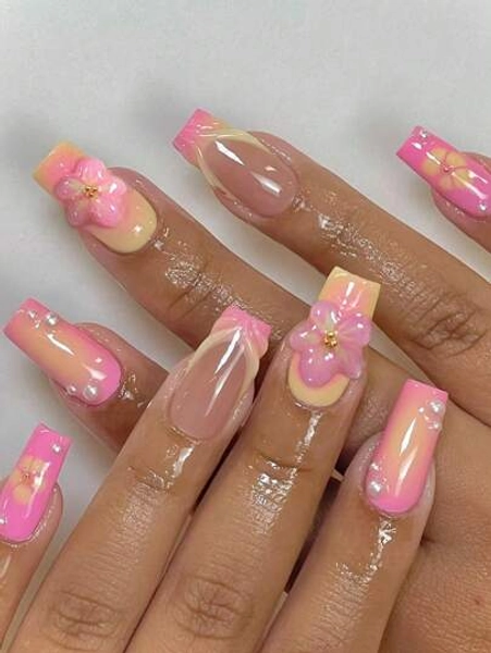 24Pcs 3D Gelnail Makes Square Pink French Tip Press On Nails Medium Flower Acrylic Fake Nail Set,Contain 1pc Jelly Glue And 1pc Nail File,Easy To Wear 3D Gelnails French Tip Press On Nails Art For Woman Girl Daily Work Festivals Party Use