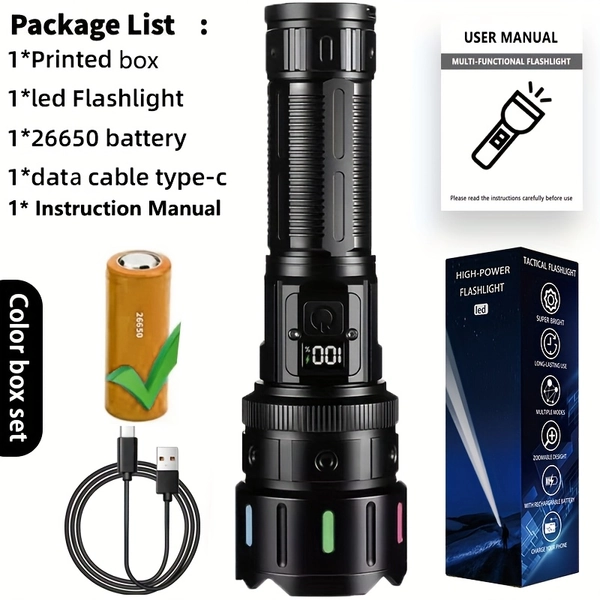 1pc linterna led ultra  , material de aleación de aluminio,   elegante/ , pantalla inteligente, 1200   recargable, carga  , luz táctica de super largo alcance, 5  , puerto de carga tipo-c, diseño con   fluorescente, ideal para exteriores, pesca,    , viajes y emergencias, regalo del día  , regalo del día del niño,   para camping | temu Temu Chile