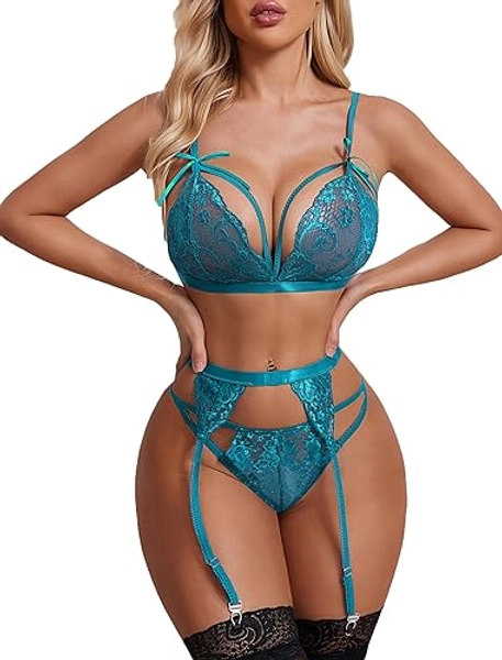 Lingerie Set Lace Teddy Strap Babydoll Bodysuit with Garter Belts