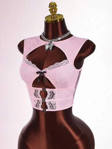 Amplova Blusa ajustada sexy con decoración de lazo y encaje calado con estampado floral para mujer