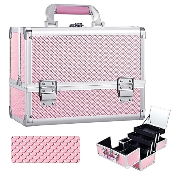 Joligrace Makeup Train Case Cosmetic Box 11.8 Inches Jewelry Organizer Professional 3 Tiers Trays with Mirror and Brush Holder Lockable Key Portable Travel Mermaid Pink