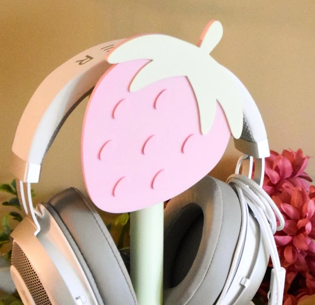 Pink Strawberry Headphone Stand- Pastel Cozy Gaming Desk Accessories, Girly Headphone Stand, 3D Printed, Strawberry Decor
