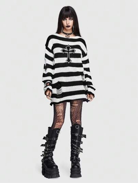 ROMWE Goth Striped Pattern Cross Embroidery Drop Shoulder Ripped Sweater, School