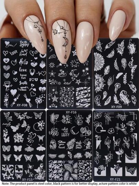 6pcs Leaves Nail Art Stamping Plate Set Star Feather Flower Heart Butterfly Pattern Nail Printing Template Mold DIY Manicure Tools For Salon