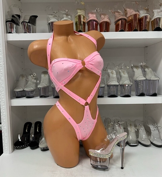 Baby Pink Bandeau Top and Harness Bottoms with Rhinestones - Pleasure Zone