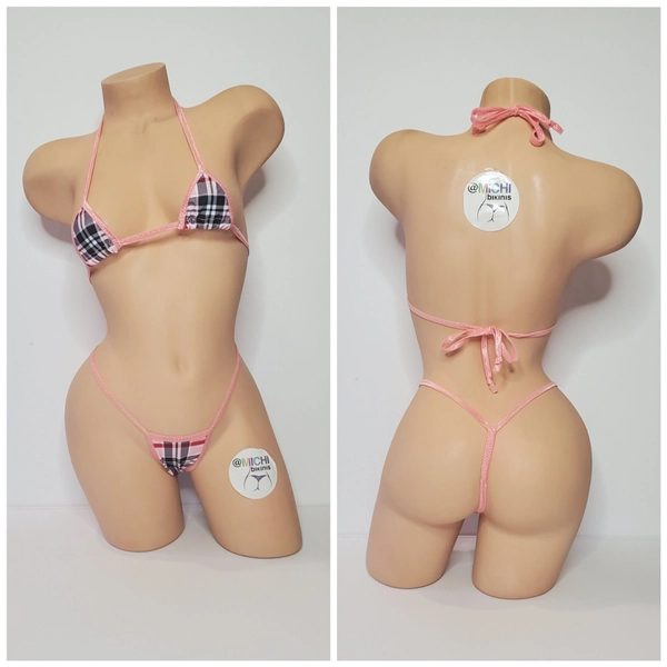 Baby Pink Plaid Pattern w/ Baby Pink Trim Micro Coverage Top Y Back Thong Bottom 2 Piece Micro Bikini Set One Size