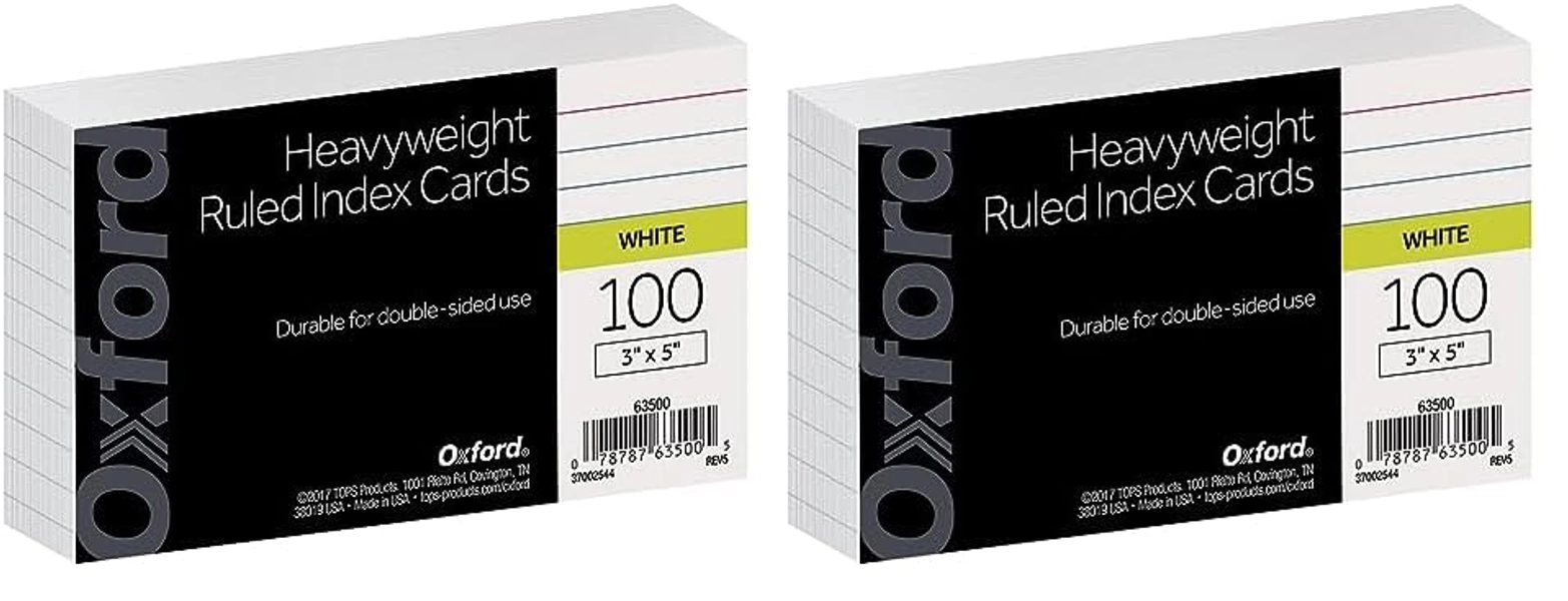Oxford Heavyweight Ruled Index Cards, 3" x 5", White, 100 Per Pack (63500) (Pack of 2)