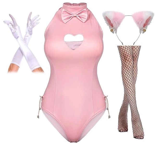 Yuriko Womens Bunny Costume Girl Suit Button Crotch Romper Onesie Bodysuit Cosplay Costume Furry Cat Ear Gloves Socks set(Pink 2XL)